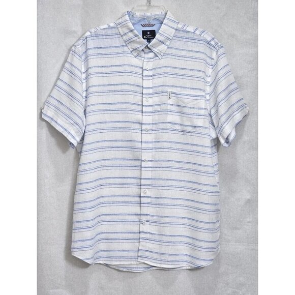 Ben Sherman Men's striped linen button up shirt Large Blue white - Picture 1 of 7